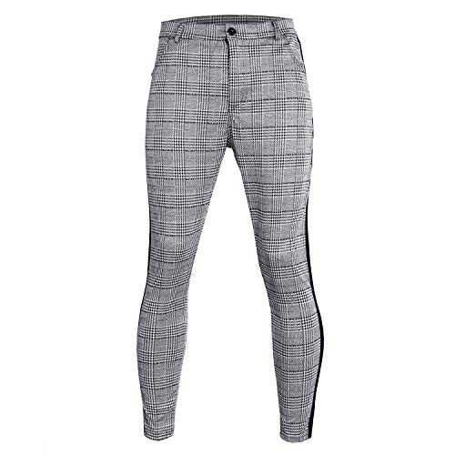 LUCKME Men's Casual Trousers Plain Check Skinny Stretch Jogger Bottoms with Elastic Waist Chino Sweatpants Lightweight Sports Bodybuilding Workout Running Tracksuit Pants