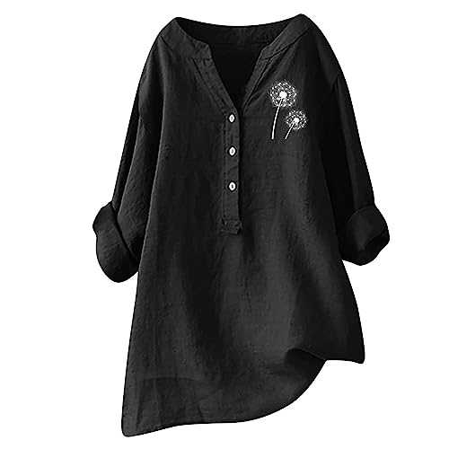 AMhomely Summer Tops for Women UK Plus Size Roll Long Sleeve Button Down Shirts V Neck Loose Casual Cotton Linen T-Shirts Summer Shirts Blouse Oversized Tees Tops Ladies Henley T-Shirt