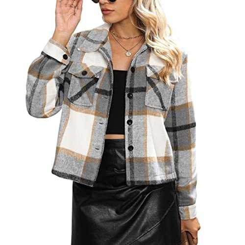 FindThy Women’s Cropped Wool Blend Plaid Shacket Long Sleeve Button Down Flannel Shirt Jacket Coat