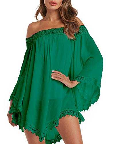ZANZEA Women Off Shoulder Mini Dress Irregular Lace Chiffon Tunic Tops Shirt Casual Loose Summer Beachwear Cover Up 02-Green 14-16