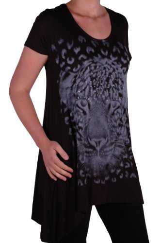 EyeCatch Plus - Ladies Graphic Tiger Long Draped Womens Sparkle Short Sleeve Stretch Top Sizes 14-28