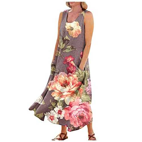 Summer Dress for Women UK 2023, Ladies Dresses Comfortable Casual Elegant Gradient Print Sleeveless Round Neck Cotton and Linen Maxi Dress with Pocket Womens Prom Dresses
