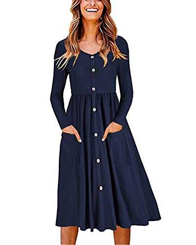 OUGES Women's Long Sleeve V Neck Button Down Midi Skater Dress with Pockets(Navy,L)