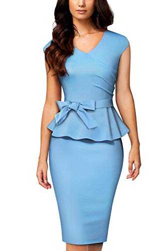 Business Midi Dress Women'S Vintage V Neckline Cap Sleeves Pumple Skinny Stretch Office Dress Knee-Length Plain Colors Slim Package Hip Evening Dresses Summer ( Color : Hellblau , One Size : L )