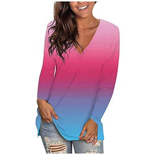 Tops Women's Long Sleeve V-Neck Gradient Blouses Sexy Fashion Autumn Loose Casual Streetwear Fashion T-Shirt Long Sleeve Autumn Jumper