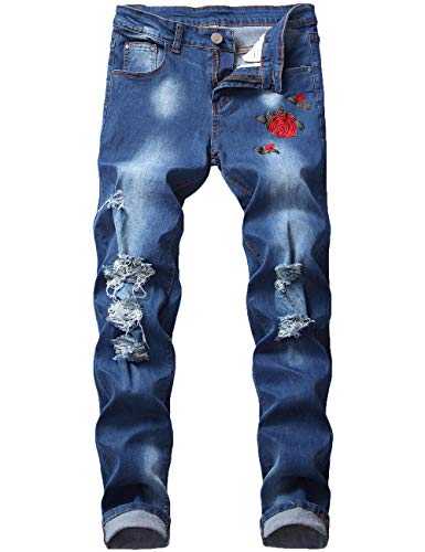 Nutriangee Men's Floral Jeans, Ripped Skinny Distressed Destroyed Slim Fit Stretch Rose Embroidered Pants