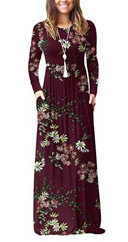 PCEAIIH Women Long Sleeve Loose Plain Maxi Dresses Casual Long Dresses with Pockets (Large, Long Sleeve Flower Wine Red)