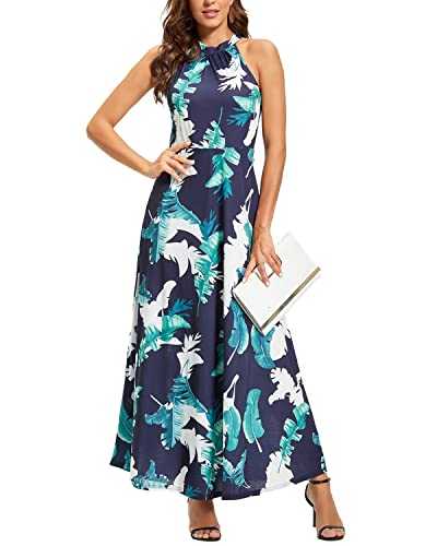 STYLEWORD Women's Maxi Dresses Halter Neck Summer Dress Floral Print Sleeveless Off Shoulder Elegant Long Dress