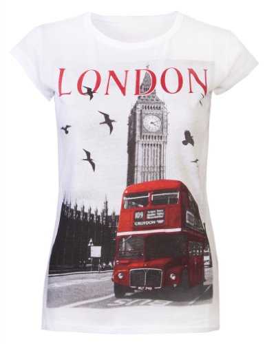 Womens Tops Ladies T Shirts Street Party Glitter London King Charles Coronation Souvenir Tee Shirts Big Ben London Bus White