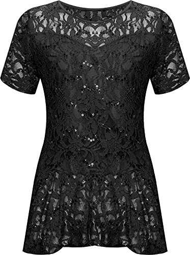 WearAll Plus Size Womens Lace Sequin Ladies Short Sleeve Peplum Frill Top - 14-28