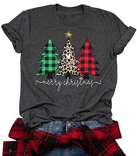 Christmas Shirts Women Merry Christmas Leopard Tree Graphic Tees Short Sleeve Xmas Tshirts Holiday Tops