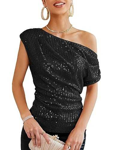 GRACE KARIN Women Elegant Sequin Tops Party Glitter Ruched Wrap Tops Sparkly Blouse