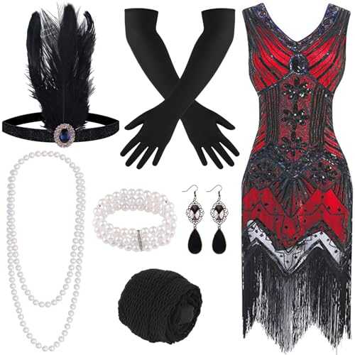 FEPITO 1920s V Neck Sequin Beaded Fringed Dress with 20s Accessories Set