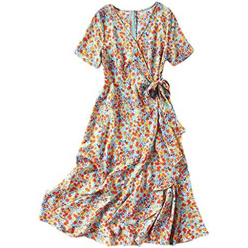 SLATIOM 2021 Summer V-neck Floral Female Waist Ruffled Mid-length A-line Skirt Fishtail Short-sleeved Dress (Color : Blue, Size : S code)