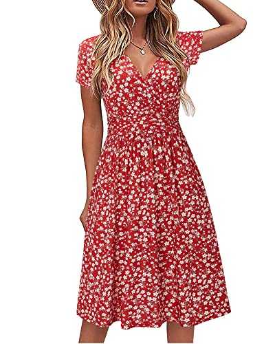 STYLEWORD Women's Summer Dress Short Sleeve V-Neck Sundress Floral Wrap Waist Casual Dress with Pockets