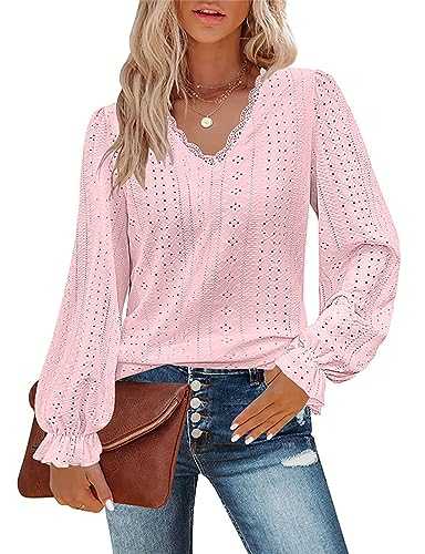 Flikity Classy Tops for Women Lace V Neck Ladies Tops Puff Long Sleeve Eyelet Tops Dressy Casual Outfits Work Clothes Women's Blouses and Shirts