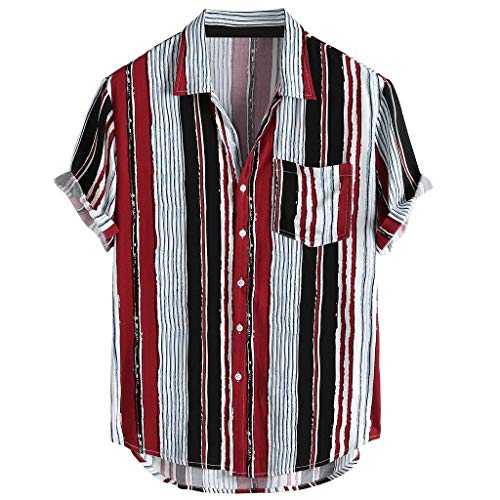 Yowablo Men's Multicoloured Shirt Shirt Chest Pocket Lump Short Sleeves Loose Round Hem