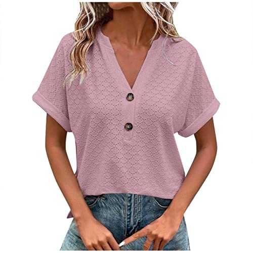 AMhomely Women's Summer Tops Blouses Vintage Lace Short Sleeve V Neck Tops Shirt Loose Casual Waffle Tee Blouse Elegant Plain Tunic Tops Ladies Solid Color Button V Neck Summer Clothes