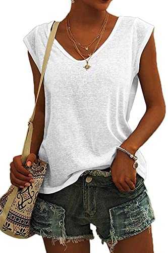 ASKSA Women V Neck Cap Sleeve T-Shirt Summer Solid Color Tank Top Casual Loose Shirts Basic Tee Tops
