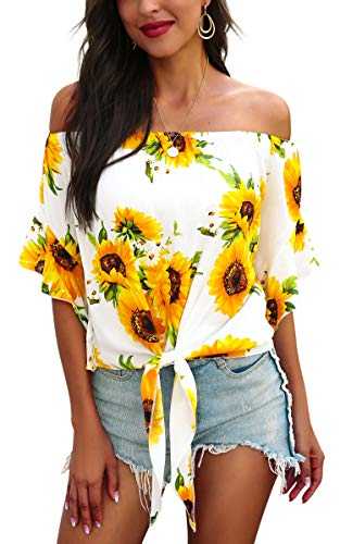Hibluco Womens Off Shoulder Tops Sexy Floral Print Crop Tops Summer Blouses T-Shirt