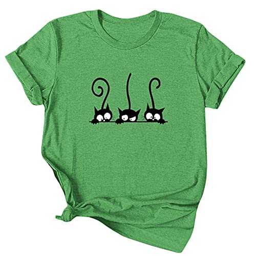 Lailezou Women's Three Cats Pattern Solid Color Printing O-Neck Simple T-Shirt Summer Casual Basic Short-Sleeved top