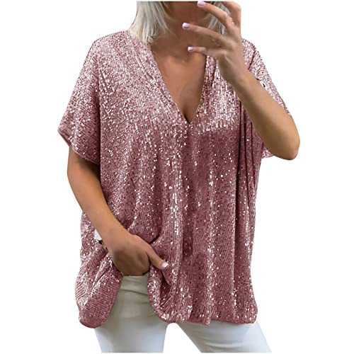 Sequin T Shirts for Women UK Sale,Ladies Tops Sexy Sparkle Glitter Shirt Going Out Loose Fit Tunic Tops Fashion Elegant Party Solid Flutter Sleeve V Neck Blouse Top Size 8-16