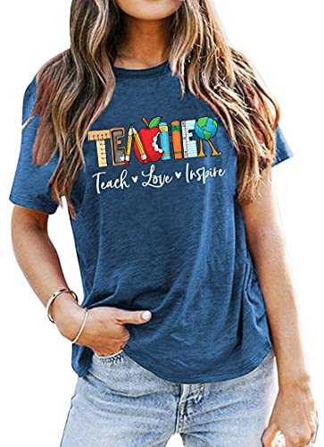 Teach T Shirt for Women Teacher Graphic Tees Tops Teach Inspire Letter Print Shirts Tops