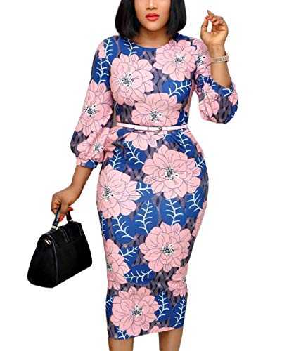 nuoshang Women's Crewneck Bodycon Floral Printed Elegant Work Office Midi Dress with Belt (3XL) Pink