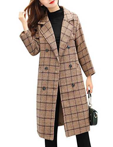 Tanming Women's Double Breasted Long Plaid Wool Blend Pea Coat Outerwear