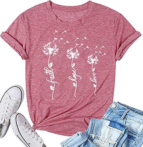 Dandelion Faith Hope Love T-Shirt for Women Funny Letter Print Short Sleeve Casual Tee Tops