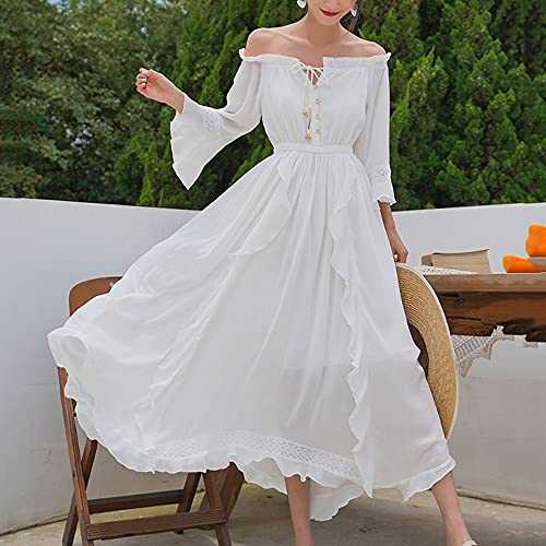 SLATIOM Women Short Sleeve Dress Female Casual Cotton Dress Bohemian Summer Beach (Color : White, Size : L code)