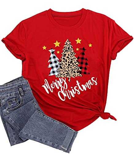Merry Christmas T Shirt Women Xmas Leopard Plaid Trees Letter Print Shirts Casual Short Sleeve Tee Tops Blouse
