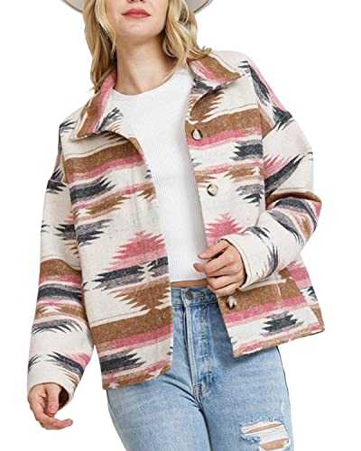 Heltapy Womens Aztec Shacket Jacket Loose Vintage Boho Wool Blend Coat Button Down Shirt Tops