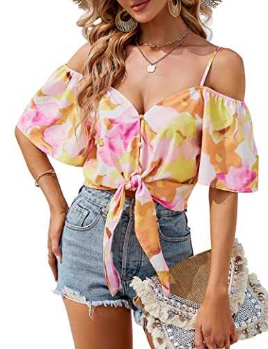 Leereya Women's Sexy Cold Shoulder Summer Tops Cute Front Tie Blouses Button Down Shirts