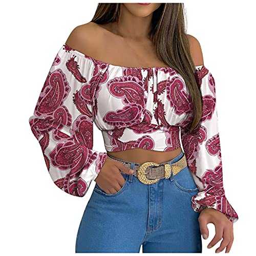 AMhomely Woman's Strapless Long Sleeve Print Off Shoulder Ruched Lantern Sleeve Crop Tops Vintage Work Shirt UK Size, Blue, XL