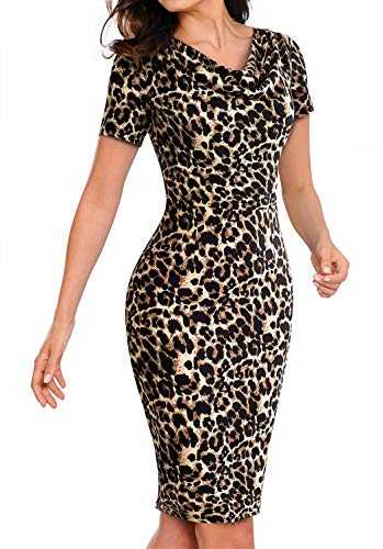 Eledobby Leopard Print Bodycon Dress for Slim Ladies Women's Pencil Dress with Short Sleeve Midi Dresses Colorblock V Neck Clothes for Office Work Black S