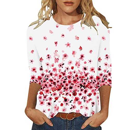 Cocila Tops for Women UK Casual Floral Three Quarter Sleeve Round Neck Tee Shirt Fashion Printed Flower Loose Side Split Blouse Tunic Summer Long Sleeve T Shirts Women