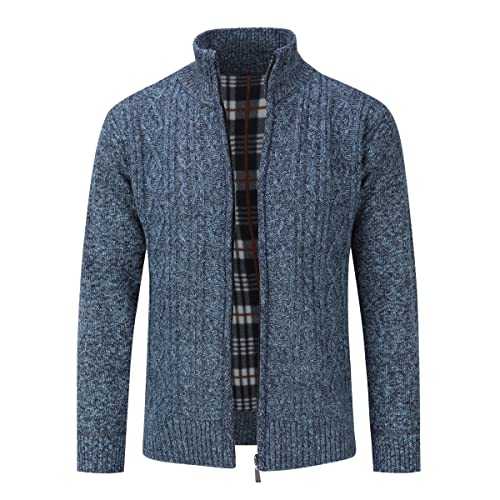 Mens Knitted Cardigan Thick Sweater Full Zip Stand Collar Warm Jumper Fleece Lined Winter Coat