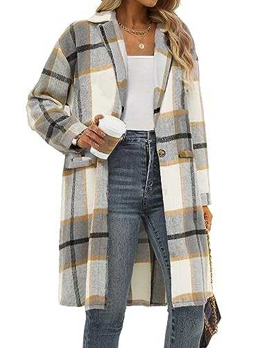 IN'VOLAND Women's Plus Size Flannel Plaid Shacket Coat Lapel Button Wool Blend Winter Tartan Trench Coat Jacket With Pockets