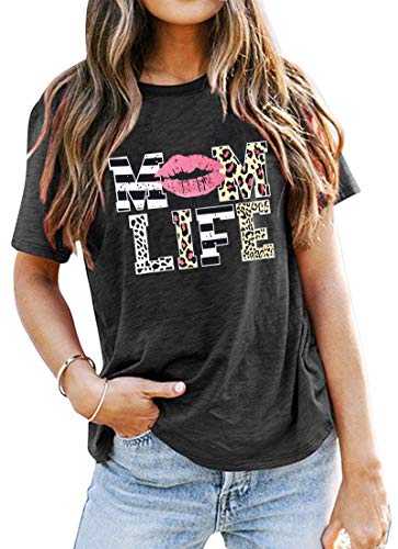 Women Mom Life T-Shirt Leopard Lips Stripe Graphic Tee Tops Funny Letter Printed Shirt Mother's Day Casual Blouse