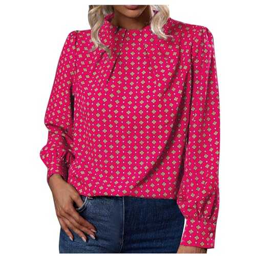 AMhomely Blouse for Women UK Elegant Office Casual Tunic Tops Long Sleeve Vintage Graphic Pullover Tops Dress Shirts Ruched Mock Neck Blouse Tops Smart Casual Tees Shirts Loose Fit Blouse