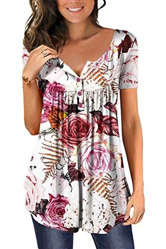 CHICZONE Womens Tops Casual Short Sleeve T-Shirt V Neck Buttons Up Floral Printed Blouse Tunic