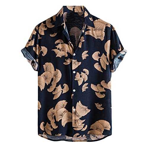 Casual Men's Loose Lapel Print Color Contrast Ethnic Style Short Sleeve Button Up Shirt Beach Summer Top with Button