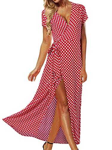 ACHIOOWA Women Maxi Dress Boho Long Wrap Dress Deep V Neck Casual Dot Polka Summer Dress Spilt Beachwear Cover Up Prom Dresses Red-646313 Small