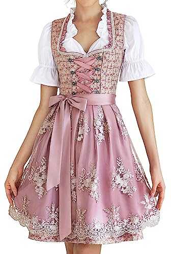 Women Dirndl Dress Oktoberfest Costume Midi Dress 3 Pieces German Dirndl Dress with Dress Shirt Apron Pink