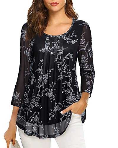 VALOLIA Women's 3/4 Sleeve Tunic Tops Casual Loose Fit Floral Blouses Mesh Pleated Layered Shirt