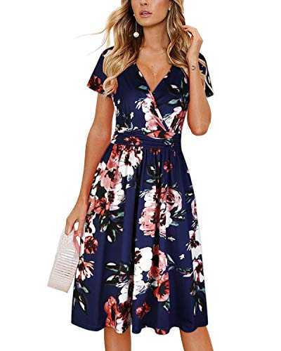OUGES Women's Summer Short Sleeve V-Neck Floral Casual Ladies Dress with Pockets (Floral02,M)