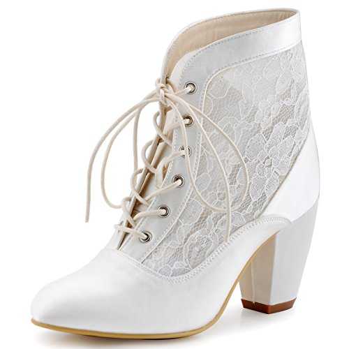 Elegantpark HC1528 Women Closed Toe Lace-up Ankle Boots Satin Lace High Heels Prom Wedding Court Shoes