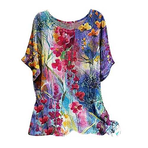 UK Stock Women Tops and Blouses Ladies Summer Round-Neck Short Sleeve Print Casual T-Shirt Blouse Lovely Comfortable Top Loose Pleated Tunic Shirts Tops Blouse Henley T-Shirt Plus Size