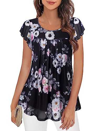 Furnex Women's Short Sleeve Tunics Shirt Floral Pleated Front Mesh Blouses Tops